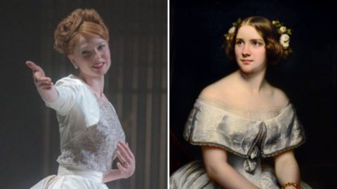 A composite image of two pictures side by side. On the left is a picture of Rebecca Ferguson singing on stage while playing the role of Jenny Lind. She is dressed in a white dress with a white bolero over the top and is reaching out her arm to her right. On the right is a portrait of Jenny Lind. She is looking off to her right and has a white dress on. She has brunette hair with flowers in it.