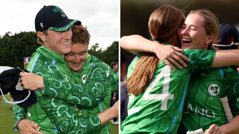 Harry Tector celebrates beating India, while Ireland women celebrate winning at the Women's World  Cup