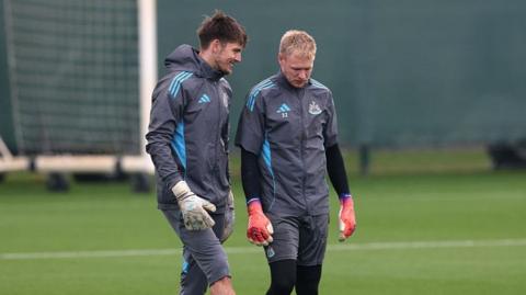 Nick Pope and Aaron Ramsdle in training with Newcastle