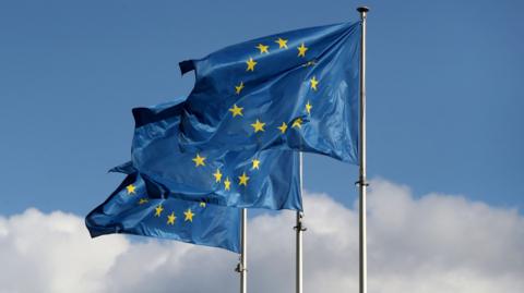 Set on a backdrop of blue skies and white clouds, three EU flags fly extended, rippling in the wind. 
