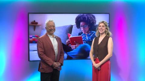 Jenny on the Newsround set with Frank
