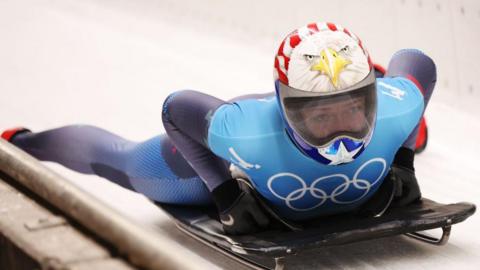 US skeleton athlete Katie Uhlaender during the Women's Skeleton heat 4 on day eight of Beijing 2022 Winter Olympic Games.