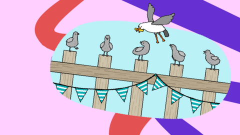 An illustration of seagulls perched on wooden posts.