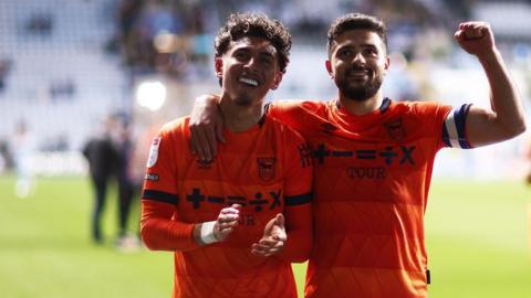 Ipswich's Jeremy Sarmiento (left) celebrates with Sam Morsy