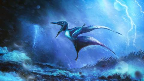 An artist’s impression of a tiny Pterodactylus hatchling struggling against a raging tropical storm with lighting forks in the background.