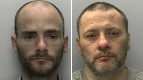 The image shows two side-by-side custody-style head-and-shoulders photographs of two adults against plain light-grey backgrounds, separated by a black vertical line. Both photographs are tightly cropped around the face and shoulders, with each person looking directly at the camera and no visible text, logos or identifying information.