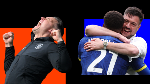 A side-by-side of Luton Town boss Matt Bloomfield celebrating and AFC Wimbledon boss Johnnie Jackson embracing Myles Hippolyte