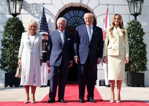 King Charles III and Queen Camilla are greeted by US President Donald Trump and First Lady Melania Trump at the White House in Washington DC