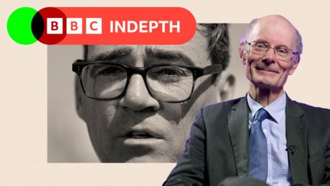 A black and white image of Andy Burnham with a border around which is cream. There is also an image of Sir John Curtice on the right and a lozenge which says BBC InDepth