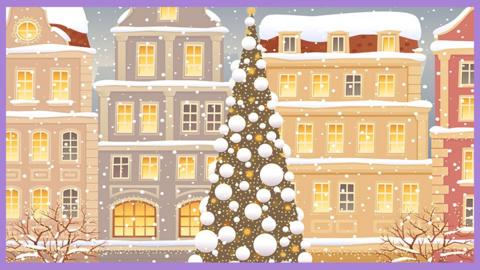 Illustration of a Christmas tree in a snowy street.