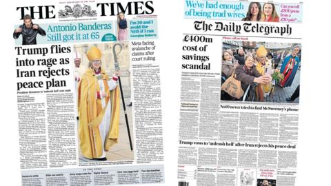 A composite of the front pages of the Times and the Daily Telegraph on 26 March 2026.
