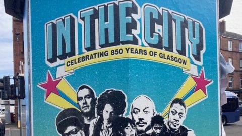 A blue event poster which reads 'In the city' celebrating 850 years of Glasgow.