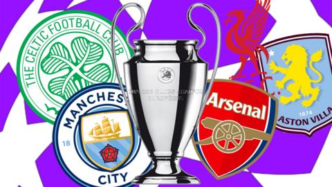 Celtic, Man City, Arsenal, Aston Villa, and Liverpool team logos in front of the Champions League star logo and trophy. 