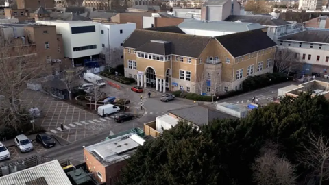 A view of the Cheltenham Birth Centre and the surrounding buildings taken from height. 