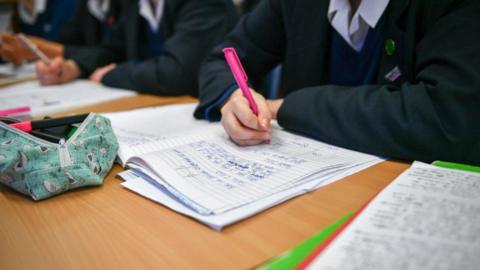 Stock image of pupil writing in school book