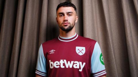 Max Kilman posing in a West Ham shirt