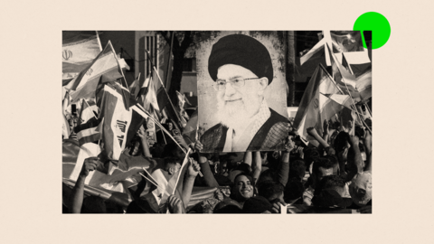 A rally with flags and posters of Iran's Supreme Leader
