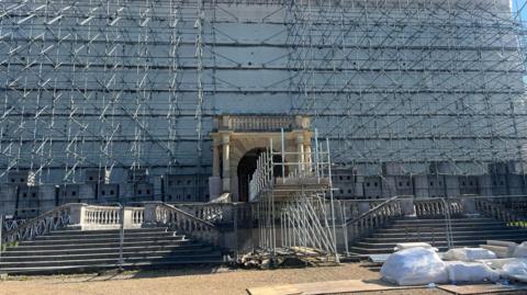 Scaffolding poles installed at a historic 18th century home near Guildford, Surrey.