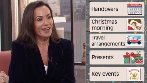 Family law expert Amanda McAlister in the Morning Live studio. She's dressed in a black suit jacket and is smiling as she talks.

A list to the right goes through what to consider when planning a co-parenting Christmas. It reads:
HANDOVERS
CHRISTMAS MORNING
TRAVEL ARRANGEMENTS
PRESENTS
KEY EVENTS