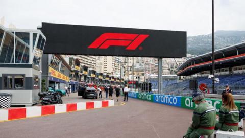 F1 logo above the pit lane at the Monaco Grand Prix