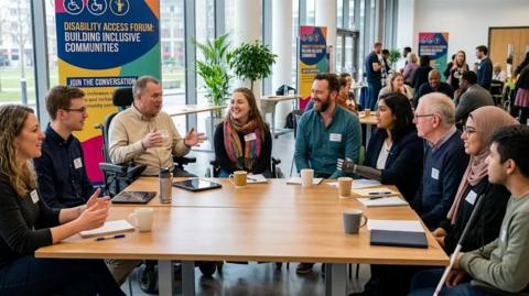 Diverse group of people, including wheelchair users and an individual with a prosthetic arm, gathered around a table at a disability access forum.