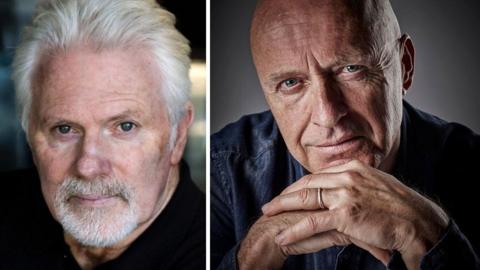 A composite image of John McArdle and Paul Usher. McArdle is wearing a black shot and is staring directly at the camera in this professional headshot. Usher has rested his head on his hands and is wearing a denim shirt