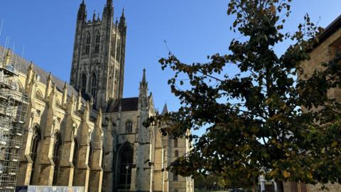 The precincts of Canterbury Cathedral on a sunny autumn day. A tree is seen in the foreground and the cathedral in the background.