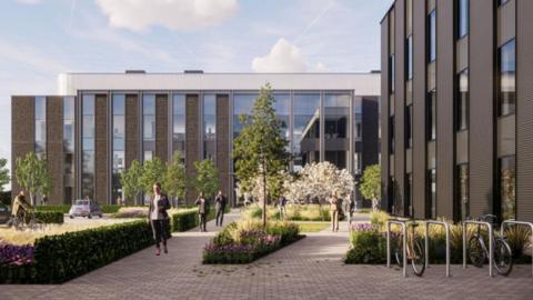 An impression of the science centre building. It shows a three-storey dark brown brick building, with shrubs, cycles in a rack and people walking on paths.