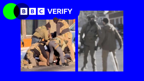 Composite image showing Ros Atkins, a BBC presenter wearing a blue suit, in the foreground are images showing two separate incidents between Alex Pretti and federal officers.