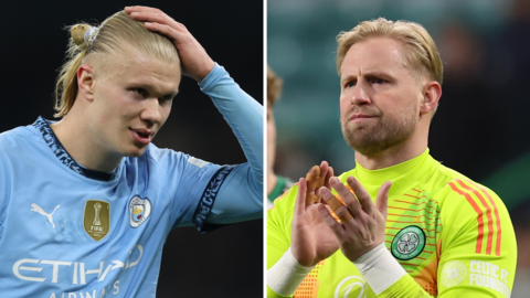 Split picture of Manchester City's Erling Haaland and Celtic's Kasper Schmeichel