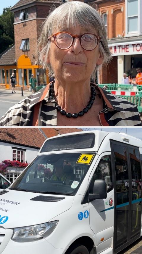 A split screen with a woman on the top half wearing glasses and a bus in the bottom half.