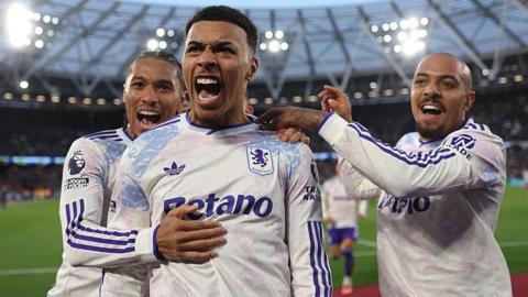 Morgan Rogers celebrates after putting Aston Villa ahead against West Ham in the Premier League