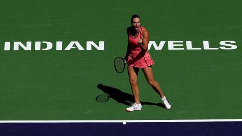 Aryna Sabalenka celebrates winning a point at the Indian Wells Open