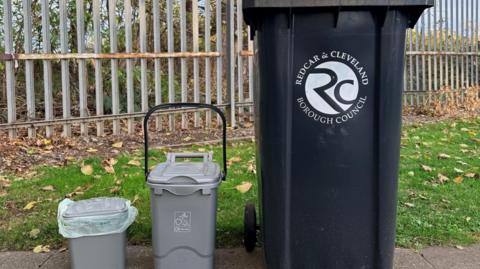 A grey 5 litre kitchen caddy and a grey outdoor 23 litre food waste container alongside a black wheelie bin.