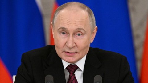 Russian President Vladimir Putin gives a statement to the media at the Kremlin in Moscow