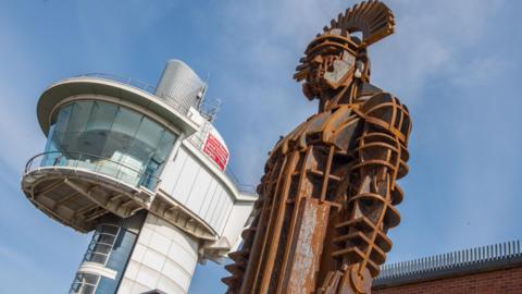 Steel sculpture of a Roman centurion soldier 