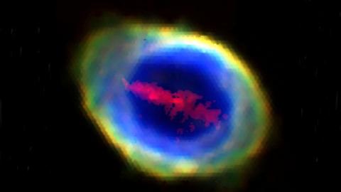 The Ring Nebula in space showing the 'red iron bar' in a line across the middle of it