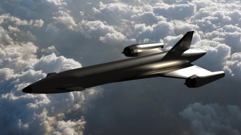 The image shows an illustration of a spaceplane in the sky. It is dark and windowless and it is flying above clouds, with the Earth far below.