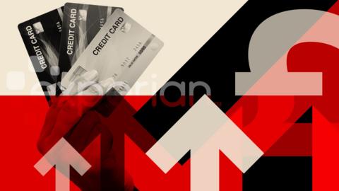 A graphic design of red, black and cream, with arrows, a pound sign and a hand holding three credit cards.