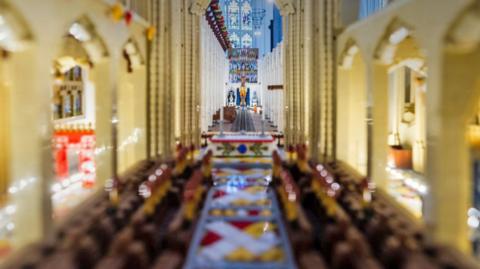 Interior of a model Lego replica of St Edmundsbury Cathedral.