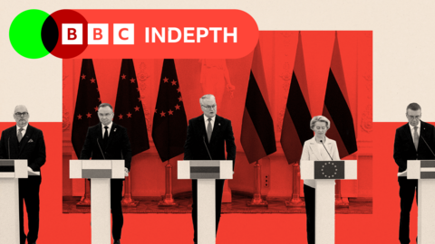 A treated image showing leaders at podiums, including Polish President Andrzej Duda, Lithuanian President Gitanas Nauseda, European Commission President Ursula von der Leyen, Estonian President Alar Karis and Latvian President Edgars Rinkevics. They deliver a joint statement to the media 