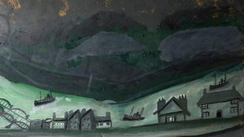 A semi-abstract painting of a Cornish fishing village during a stormy night. The main colours are teal and black.