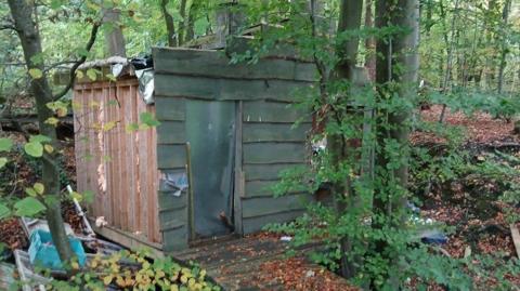 A small wooden structure made of wooden planks with a green painted front sits in the middle of a woodland surrounded by other building materials and greenery