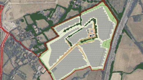 A map shows a birds eye view of the proposed area for the solar farm to go, with red and yellow lines marking the farm boundaries.