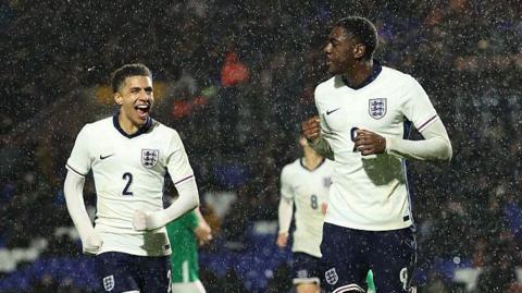 Divin Mubama celebrates scoring for England's U21s