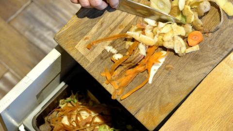 Vegetable peelings being scraped into a bin to be collected. 