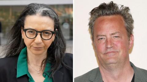 Split image of a woman with black glasses outside and a man indoors in a grey suit.