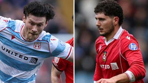 Kieffer Moore (L) and Liberato Cacace in action for Wrexham