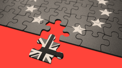A treated image of jigsaw puzzle where one piece with the UK flag is separated from the puzzle, and the rest of the pieces show the EU flag
