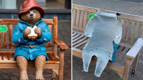 Two photos side-by-side. The photo on the left shows a statue of Paddington Bear, wearing a red hat and a blue coat, sitting on a bench and eating a marmalade sandwich. The photo on the right shows the damaged statue of Paddington on its bench. Only part of it is left, with the front completely torn off and the grey interior exposed